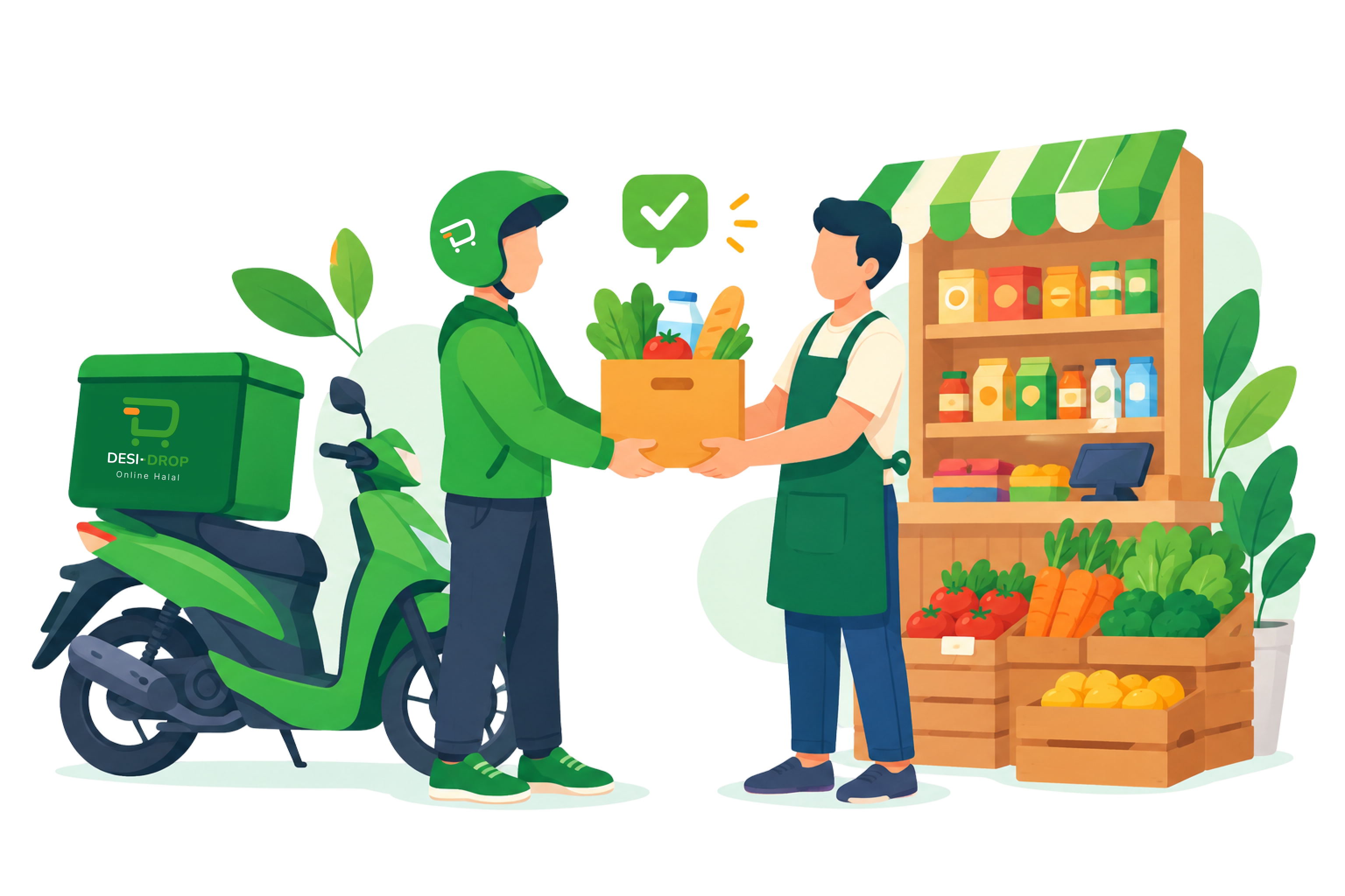 Desi Drop rider handing fresh groceries to a local shop owner