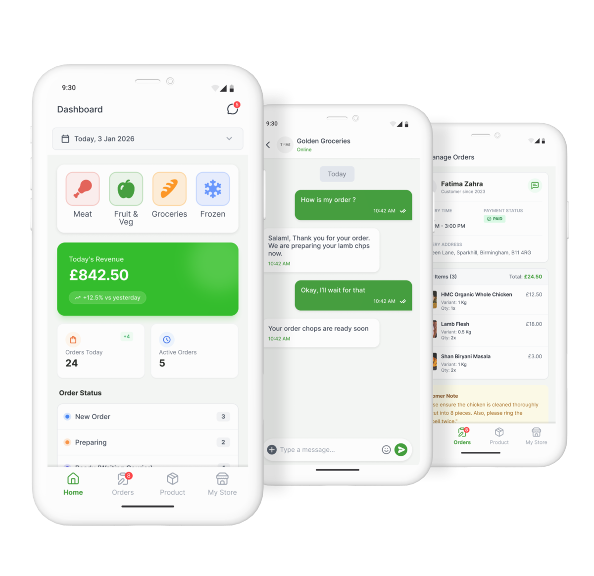 Desi Drop shop dashboard, orders and customer messages on mobile